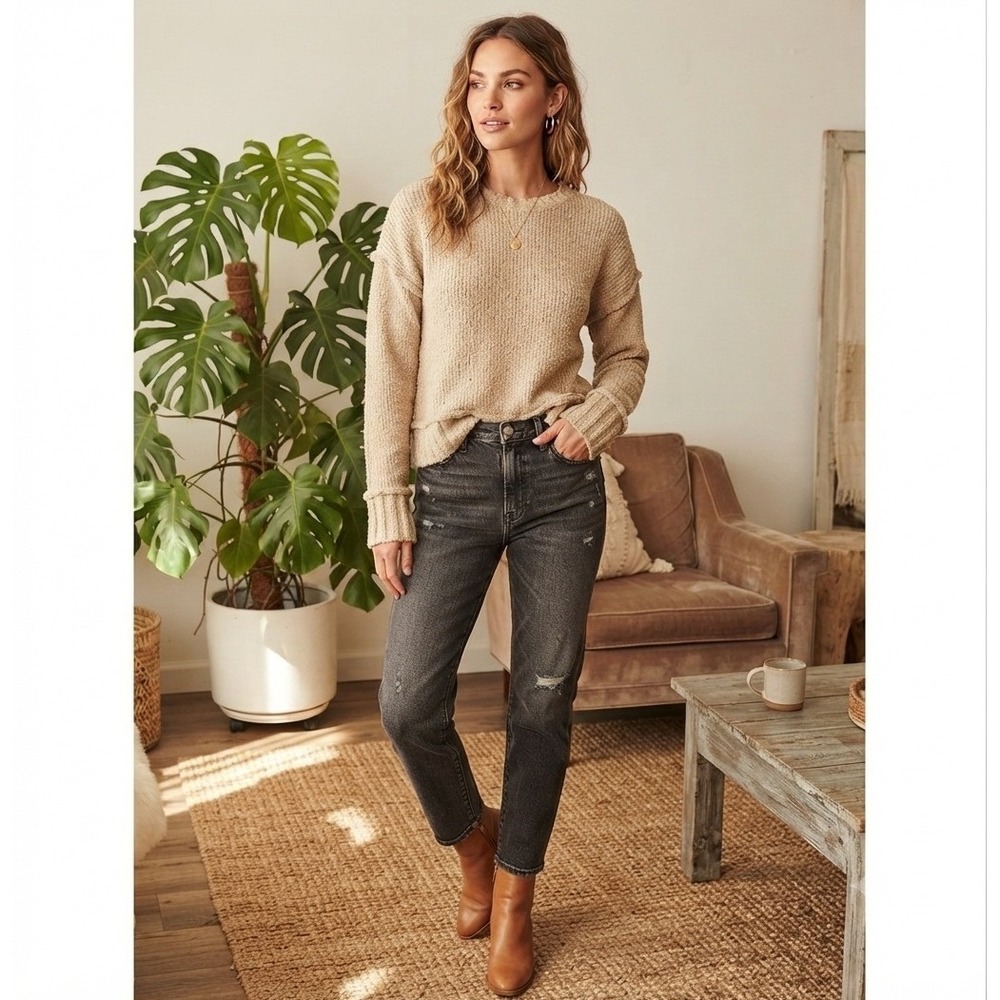 Pink Rose Tan Cozy Knit Sweater Long Sleeve Crew Neck Relaxed Fit Women's Small